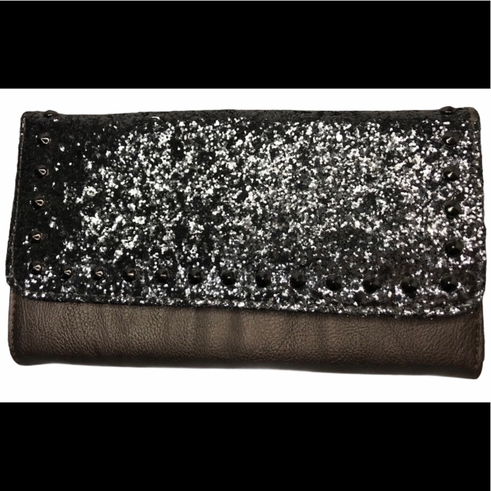 Material Girl metallic glitter stud clutch